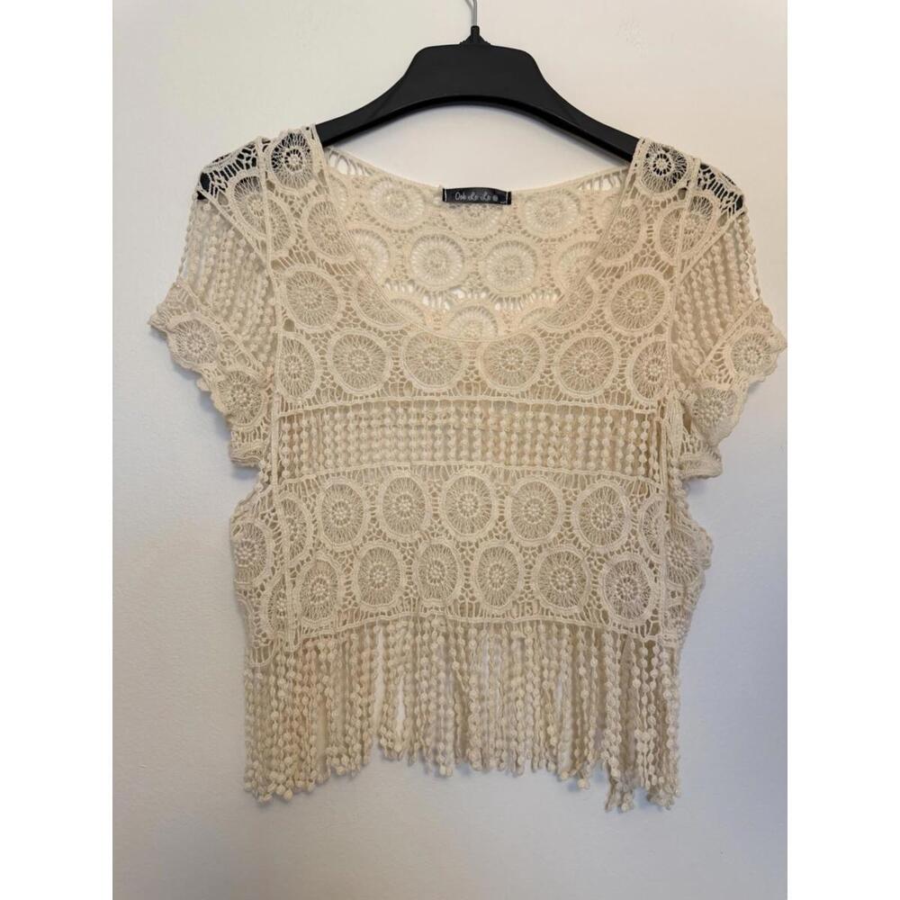 Ooh La La Womens Open Crochet  Top Bohemian Y2K Off White Pullover Tassel S/M